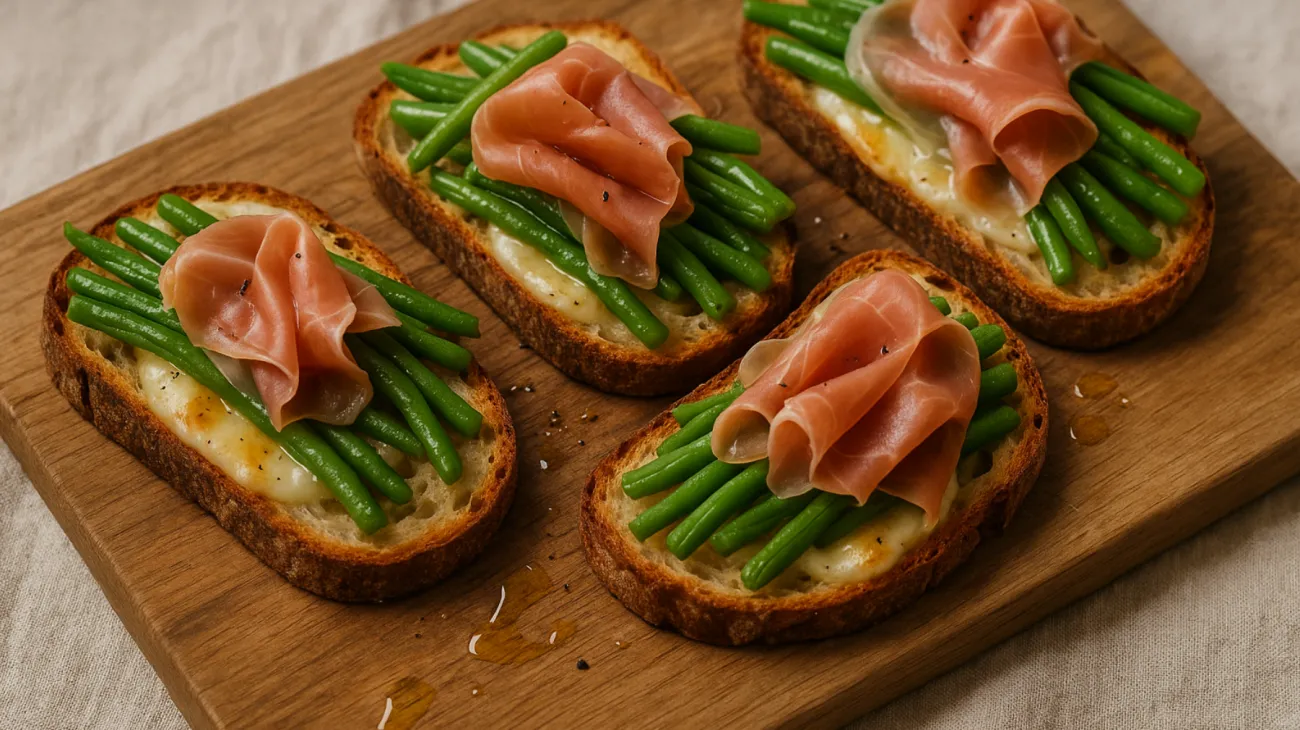 Crostoni di pane prosciutto crudo umbro fagiolini croccanti"