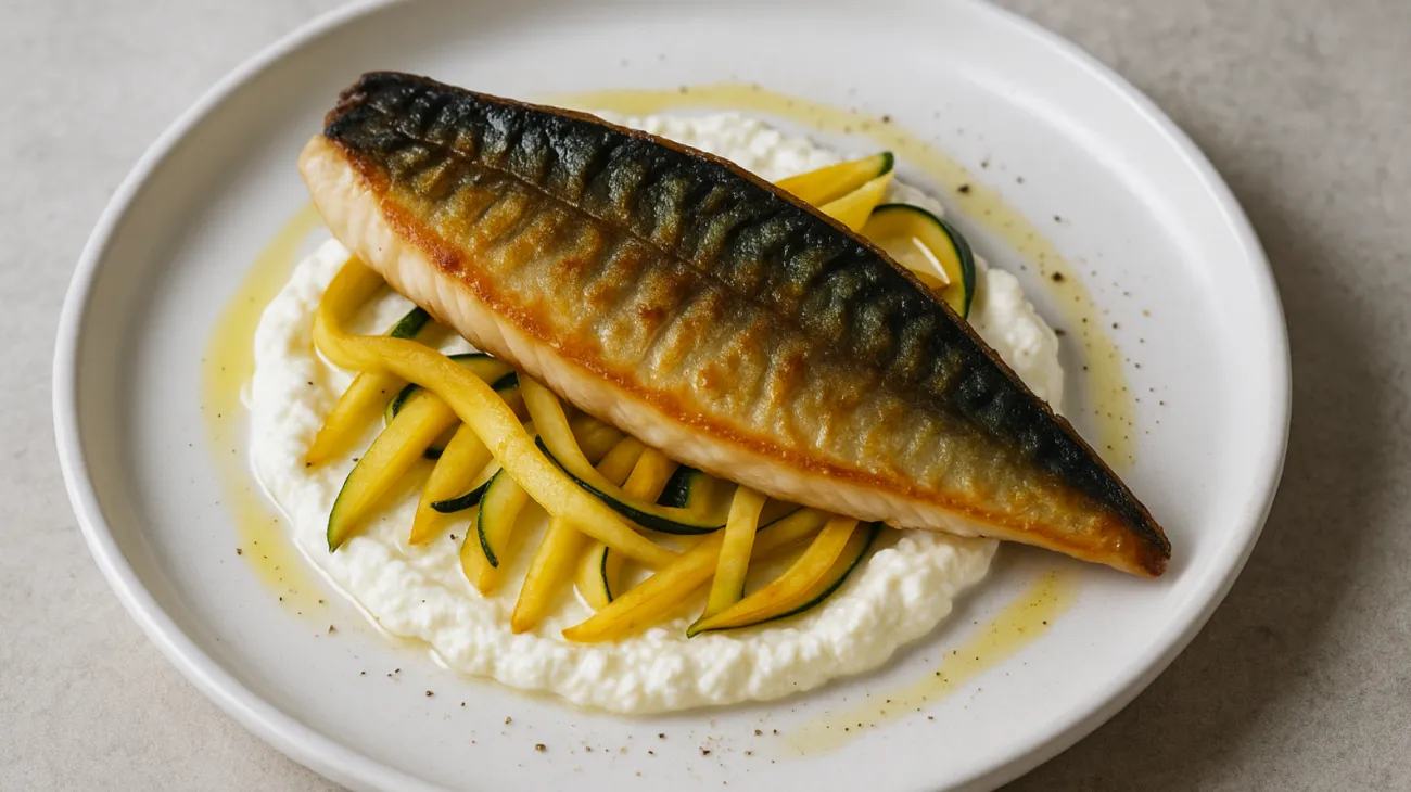 sgombro scottato crema di ricotta zucchine novelle"
